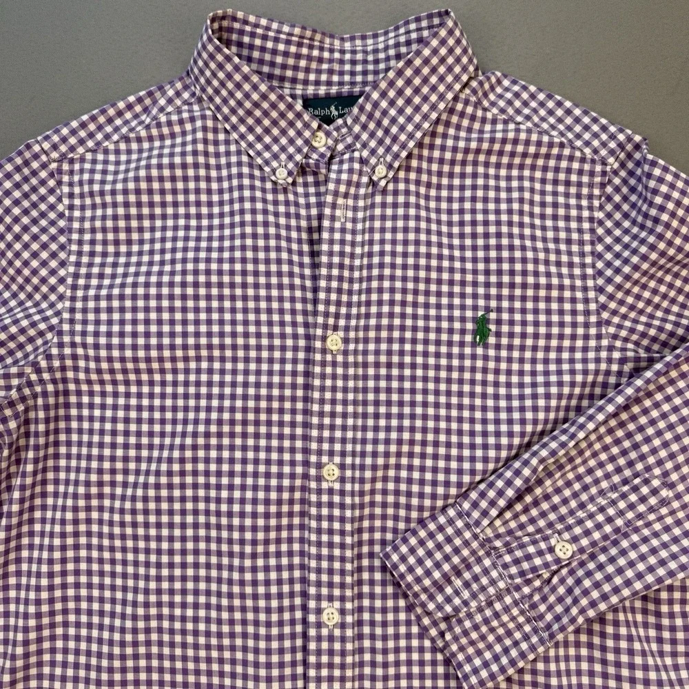 Ralph Lauren‎ Boys Large Purple Button Up Check Gingham Poplin Dress Shirt